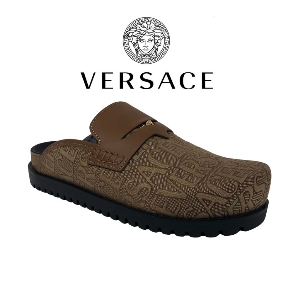 NWB VERSACE Men's Medusa Allover Logo Slide, Size 8, Brown
